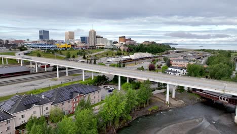 anchorage cityscape with bridge, train, and river