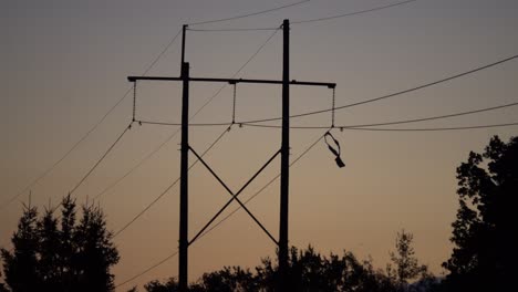 los escombros cuelgan de líneas hidroeléctricas antes de una cálida puesta de sol de verano después de que una gran tormenta arrasó ottawa, ontario.