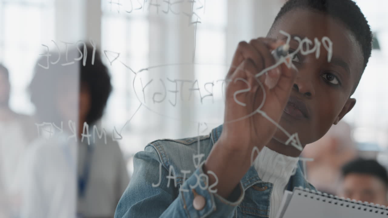 joven mujer de negocios afroamericana líder de equipo escribiendo en pizarra entrenando colegas compartiendo ideas de resolución de problemas en el seminario de presentación de la oficina