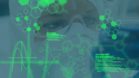 Animación-Del-Procesamiento-De-Datos-Y-Fórmula-Química-Sobre-Una-Científica-Caucásica