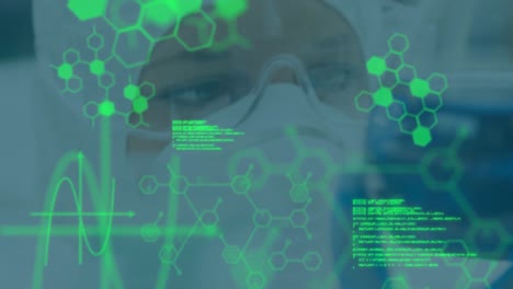animación de procesamiento de datos y fórmula química sobre una científica caucásica