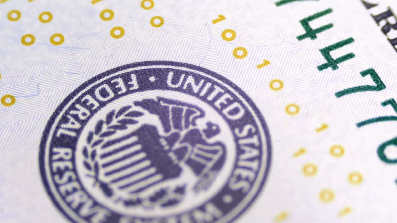 Parte delle banconote da 100 dollari USA, dettaglio della stampa degli Stati Uniti, il Sistema della Federal Reserve