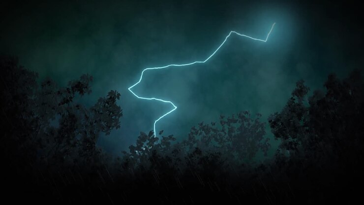 Animazione di fulmine che si abbatte su alberi e cielo nuvoloso tempestoso.