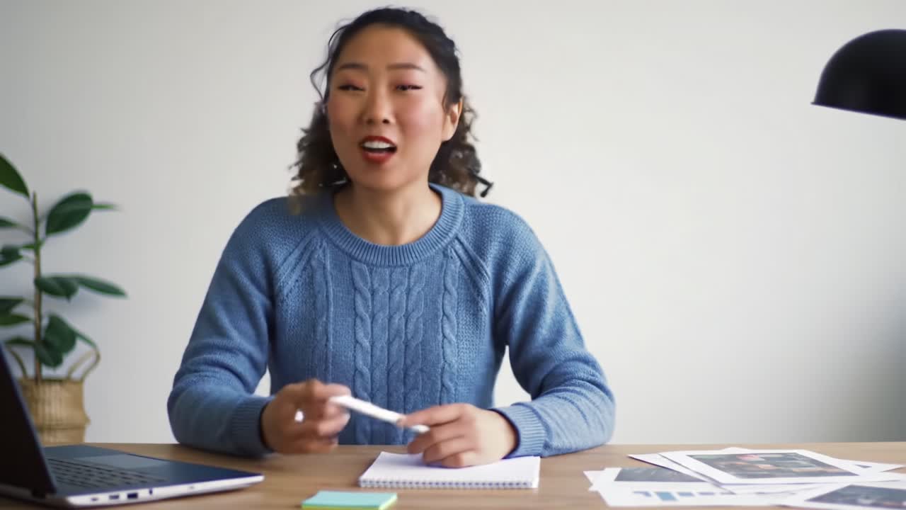 Discussione coinvolgente: una giovane donna con un comodo maglione esplora con entusiasmo le idee durante una presentazione approfondita alla sua scrivania