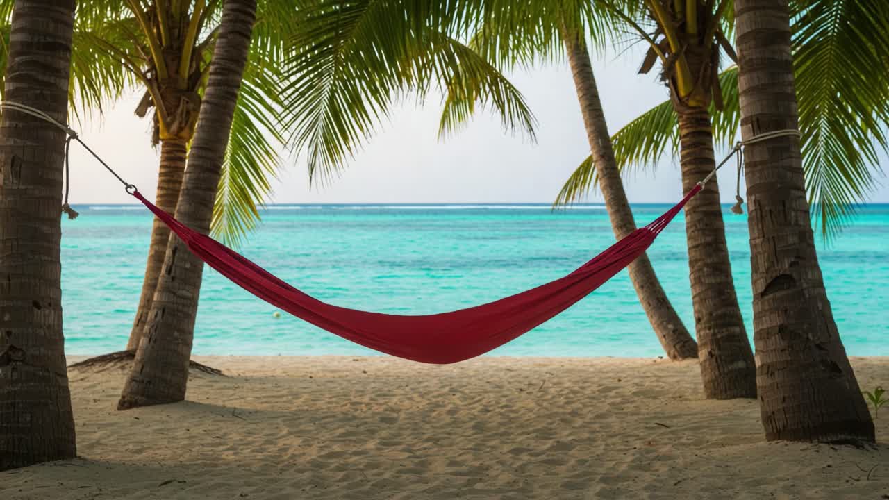 A Tranquil Escape: A Vibrant Red Hammock Nestled Between Tall Palm Trees Overlooking a Serene Blue Ocean and Sandy Beach Under a Warm Sky