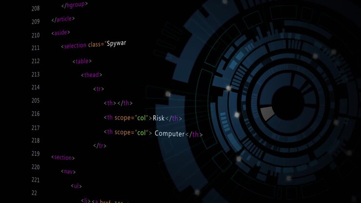 Animation of data processing over blue circular scanner on black background