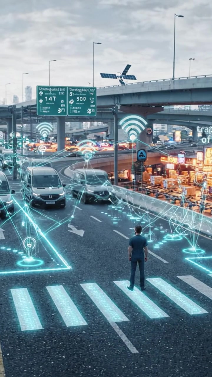 Un uomo si trova a un attraversamento pedonale in un ambiente urbano trafficato con veicoli, insegne illuminate e tecnologia digitale emergente che migliora la sicurezza stradale e la navigazione.