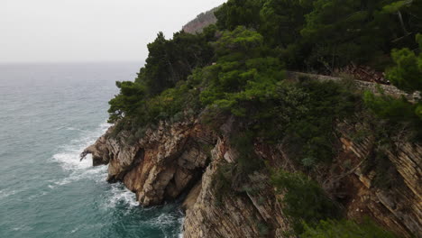 Luftdrohnenaufnahme-Von-üppiger-Grüner-Vegetation-Auf-Der-Spitze-Der-Klippe-Mit-Blick-Auf-Die-Adria-Unten-In-Montenegro-An-Einem-Bewölkten-Tag