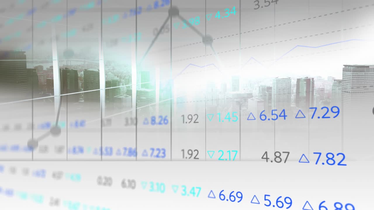 회색 배경과 도시 풍경 위의 금융 데이터와 그래프의 애니메이션