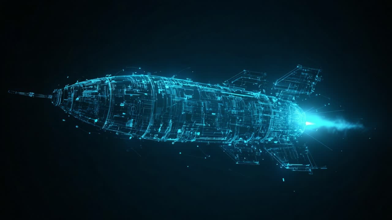 Luminous blue digital wireframe rocket flying through a dark virtual space, representing concepts of future technology, innovation, and interstellar digital communication and travel