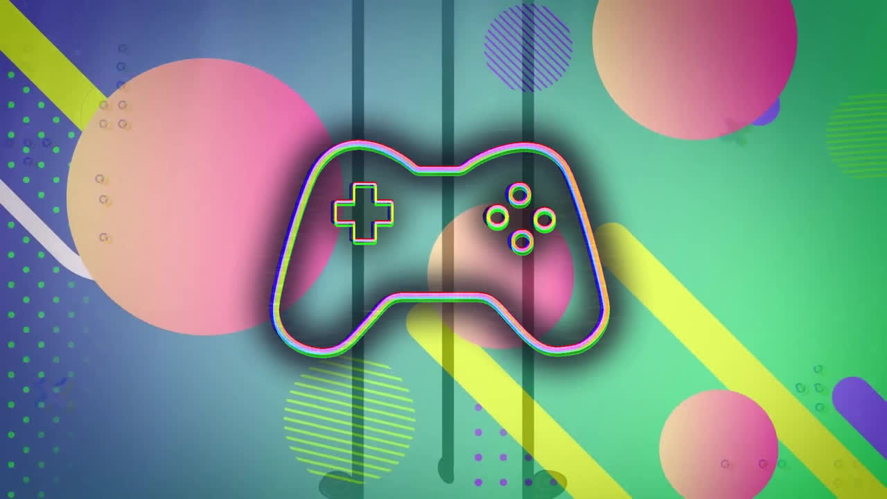 Animation of interference over gamepad icon and shapes on green background