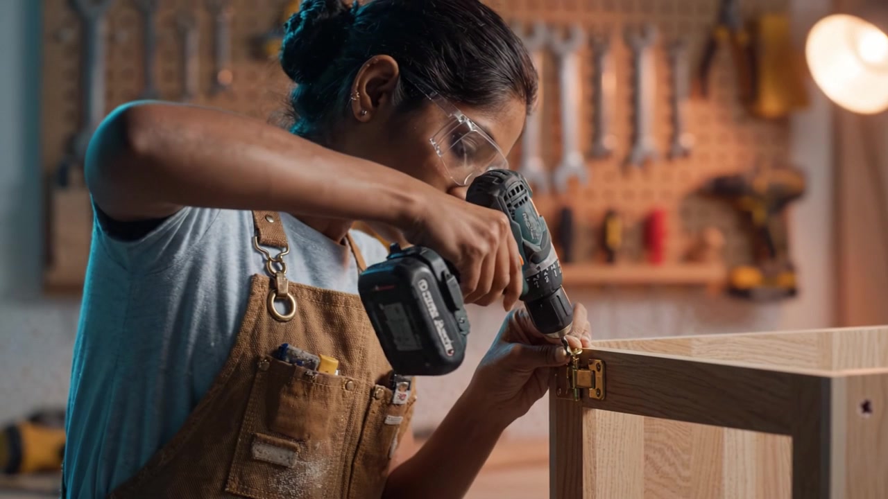 A Skilled Woman Using a Power Drill to Attach Hinges on a Wooden Cabinet in a Well-Equipped Workshop with Relevant Tools and Materials Nearby