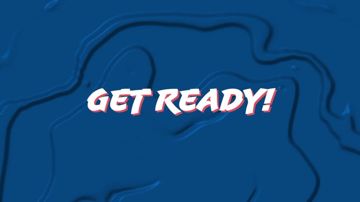 Animation of white words Get Ready over blue, liquid background