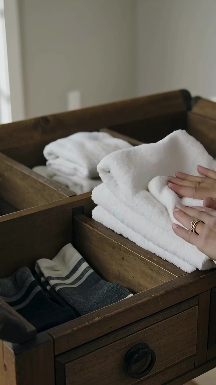 Vertical video: Bare arms reaching from right sorting linens on unit in hall, for storage