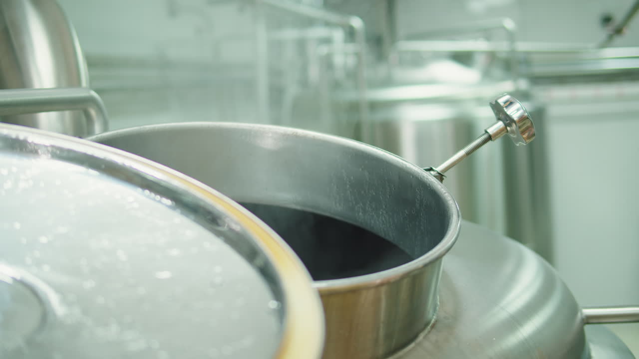 Craft beer production factory, brewery manufacture. Putting barley malt grains close-up. Brewing, cooking alcohol in metal vats bottles