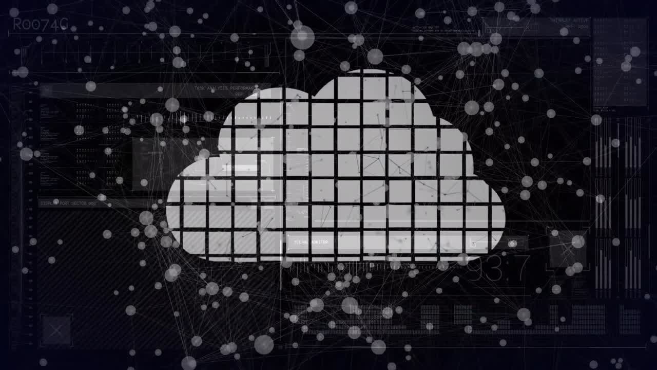 Animation of connections forming white cloud, over network of icons and data on black