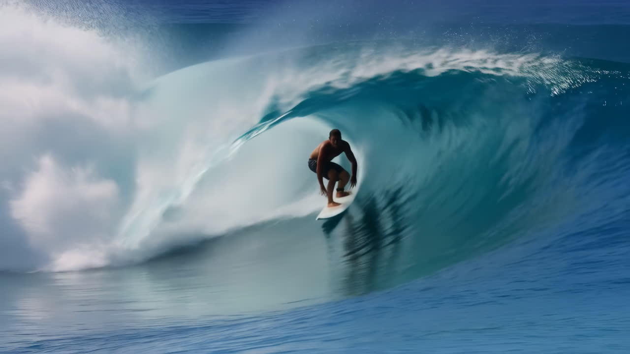Surfista che cavalca un'onda a tubo enorme