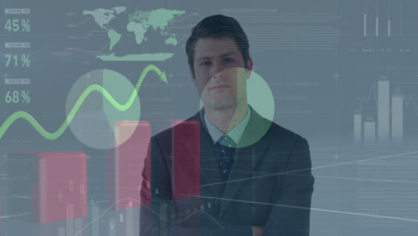 animación de datos financieros sobre feliz hombre de negocios caucásico