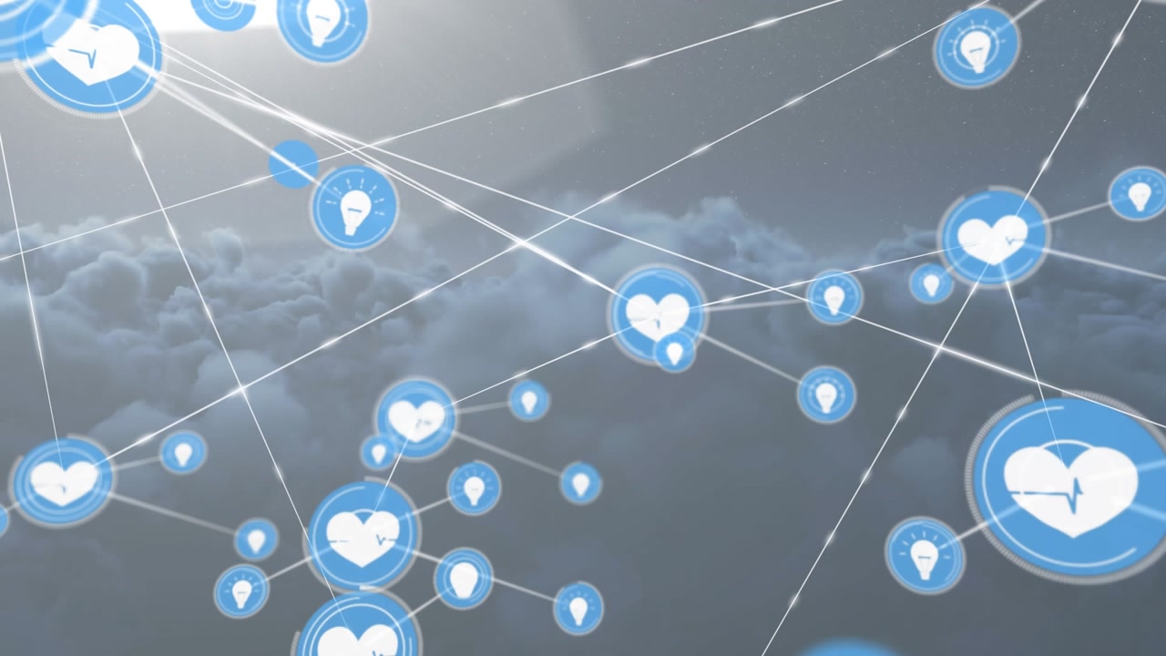 Animated Network of Health and Idea Icons Over Clouds