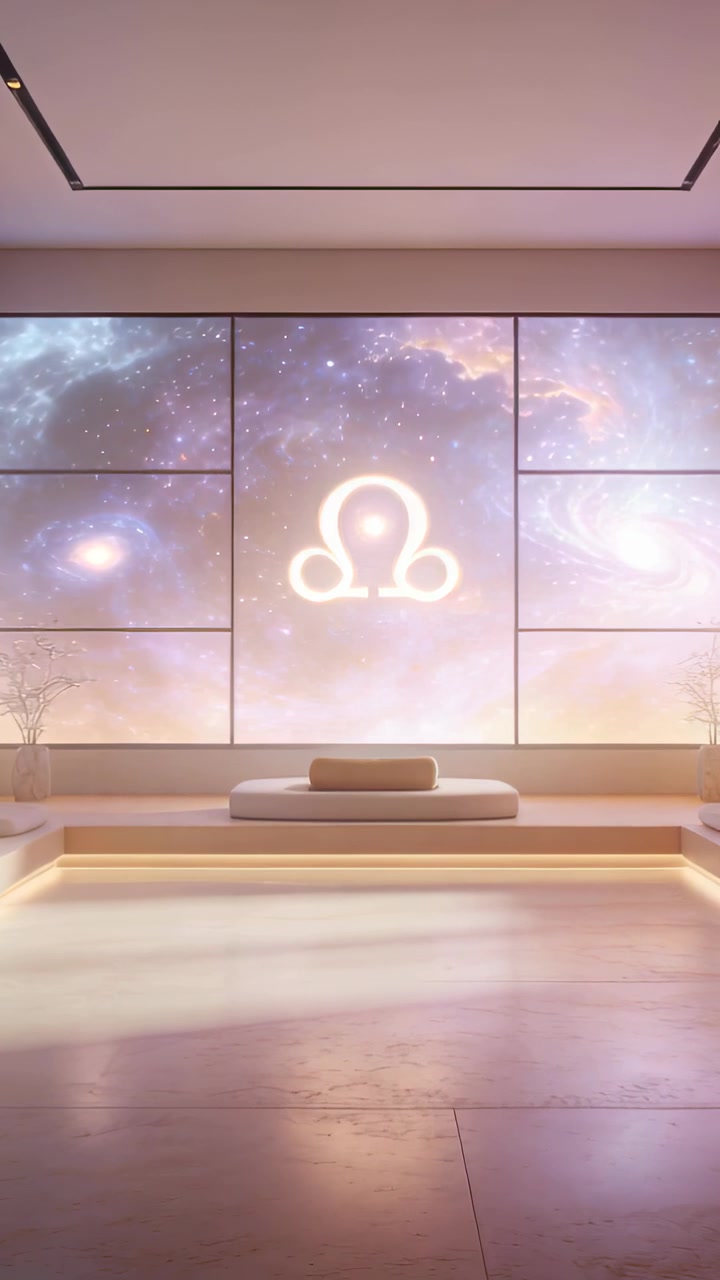 Vertical video: Animating display, glowing logo pulsing on central panel in lounge with cushion