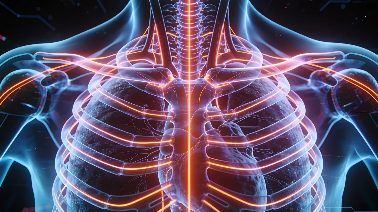 La telecamera si allontana rivelando l'anatomia toracica in 3D a scopo educativo, con gabbia toracica e cuore pulsante.