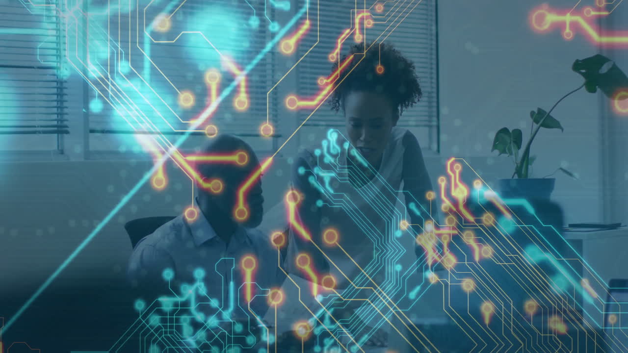Collaborating in office, diverse professionals with technology circuit animation overlay
