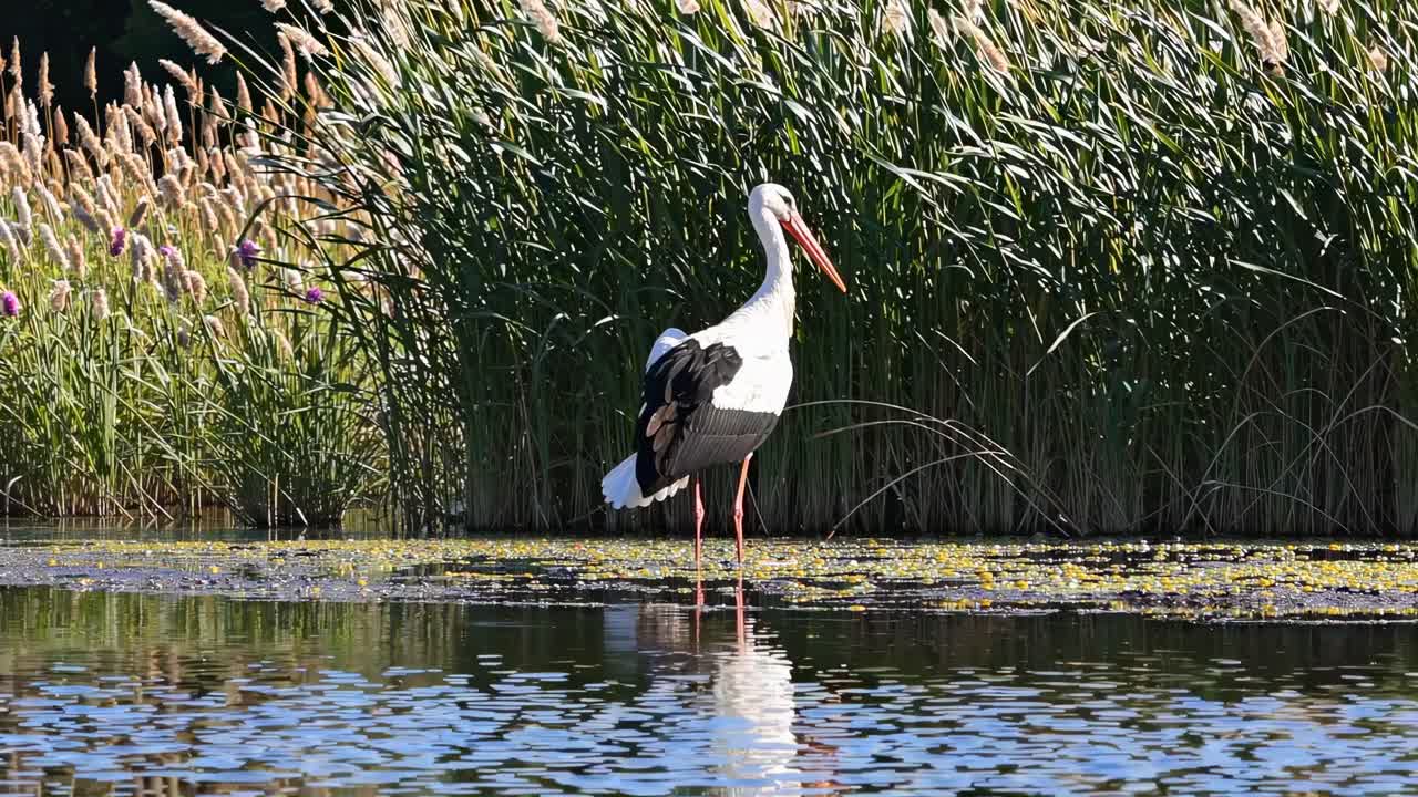 A stork stands in a serene wetland, surrounded by tall reeds. Captured at eye level, the video