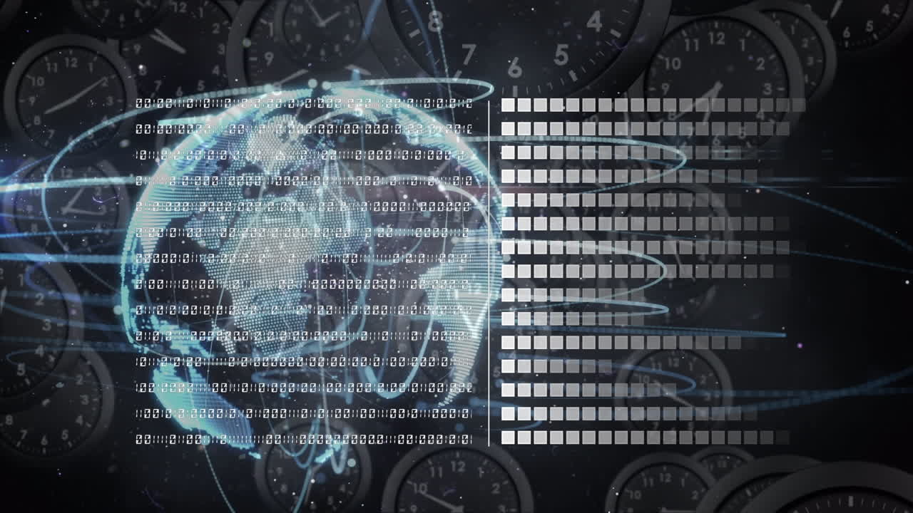 Animation ofdata processing and globe over moving clocks