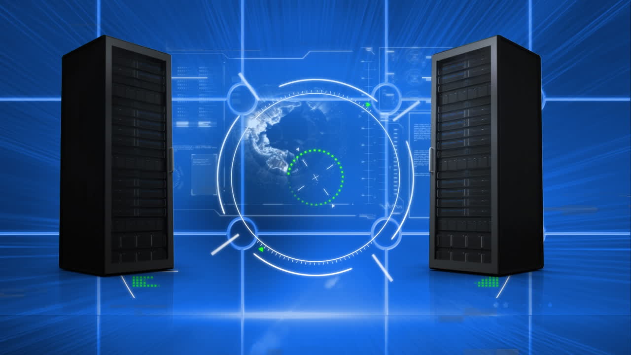 Animation of globe with computer servers over blue screens