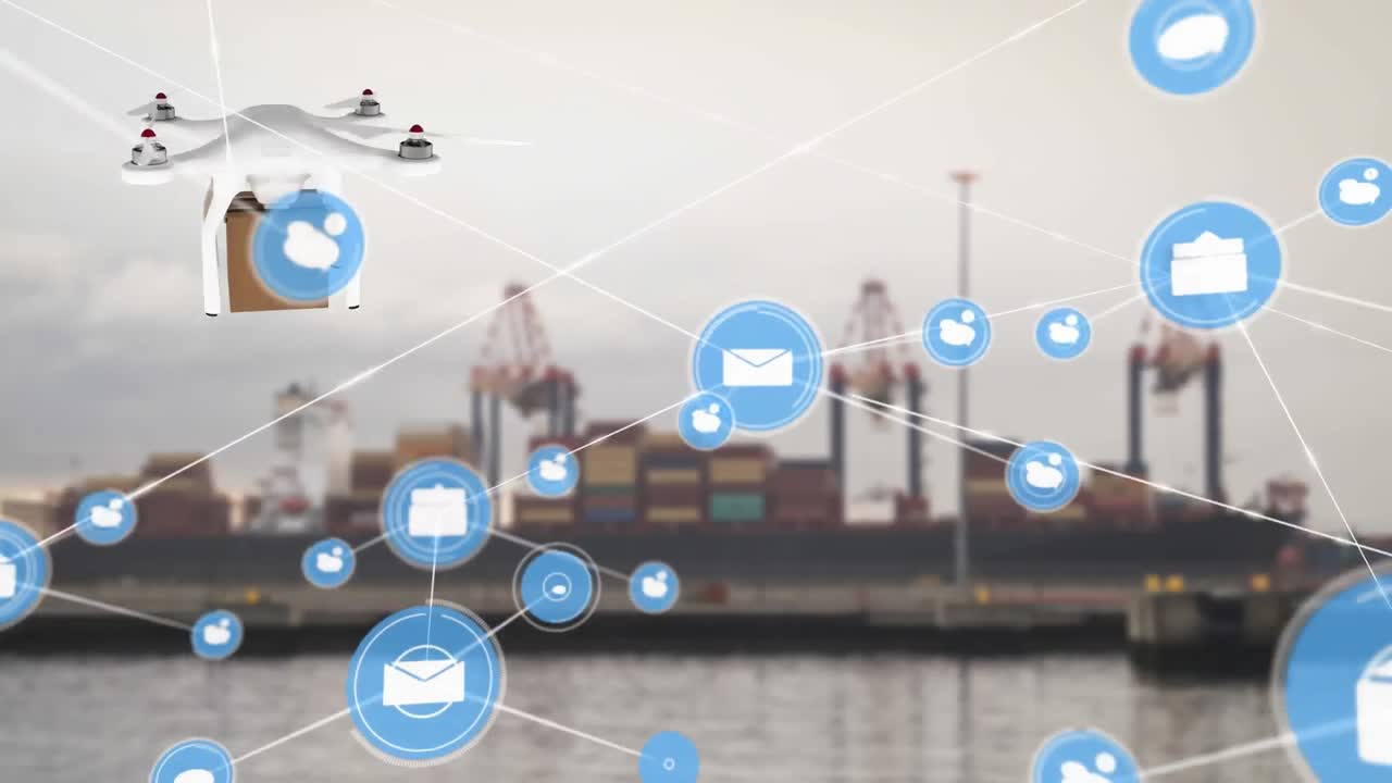 Network of digital icons over drone carrying a delivery box against port in background