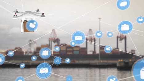 Netzwerk-Digitaler-Symbole-über-Einer-Drohne,-Die-Eine-Lieferbox-Vor-Dem-Hafen-Im-Hintergrund-Trägt