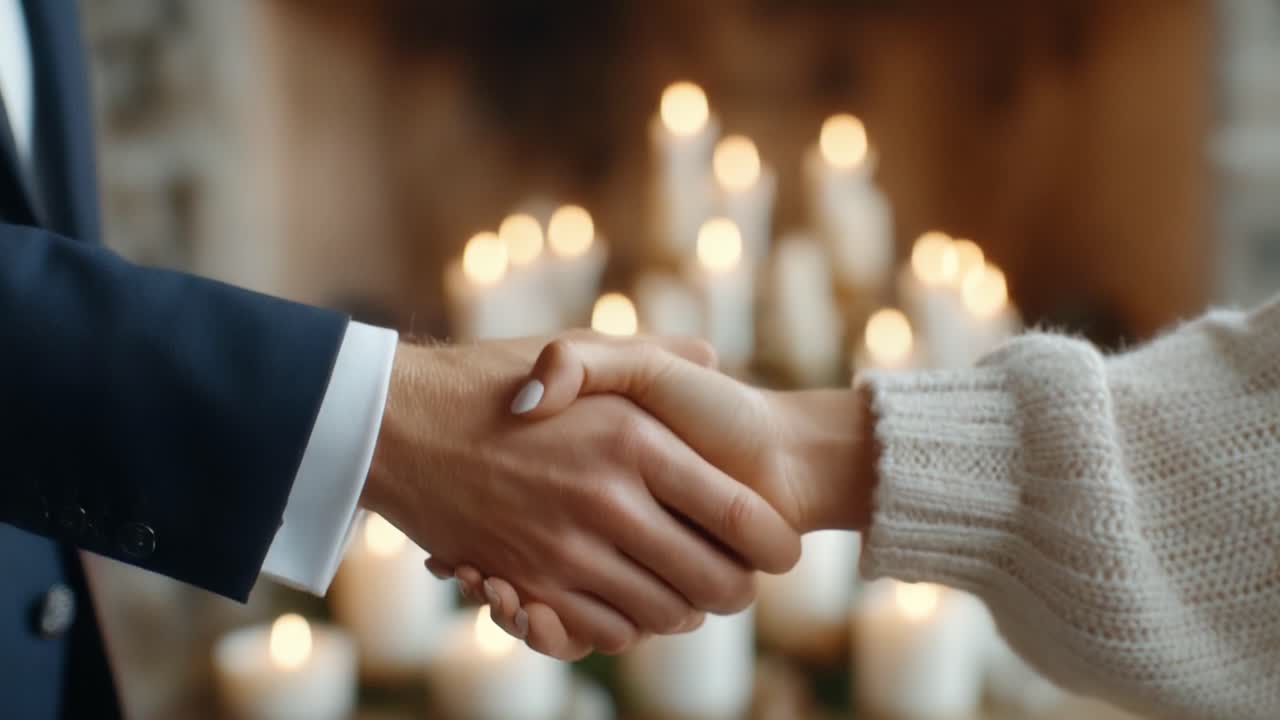 A Moment of Connection: Two Individuals Engage in a Handshake Amidst a Romantic Atmosphere with Soft Candle Light in the Background