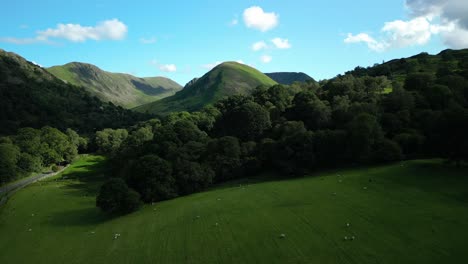 Green-wooded-fields-with-sheep-and-rise-revealing-mountain-pass-and-small-lake-Brothers-Water-on-bright-summer-day