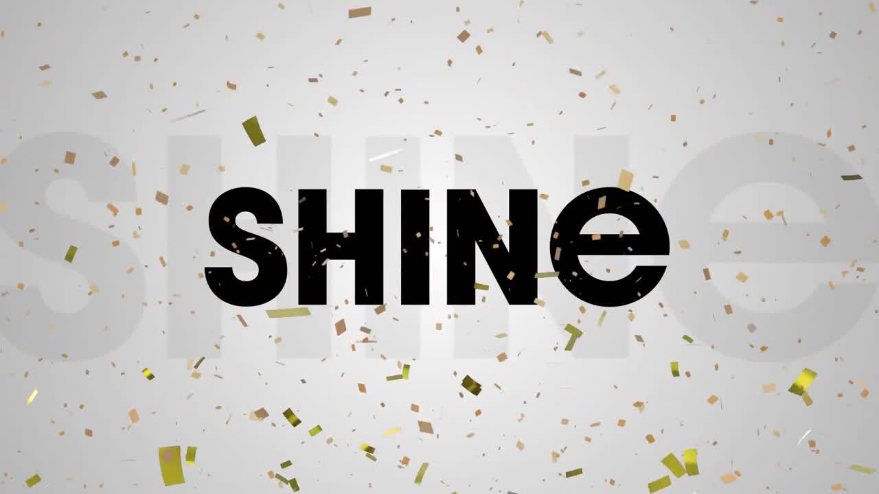 회색 배경에 반 ⁇ 이는 텍스트 위에 떨어지는 금색 콘페티의 디지털 애니메이션