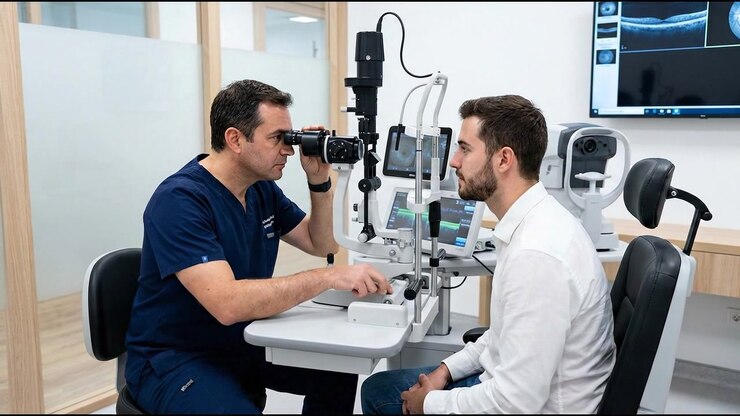 Ophthalmologist Examining Patient Eye with Slit Lamp in Clinic