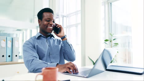 Phone-call,-business-and-black-man-with-a-laptop