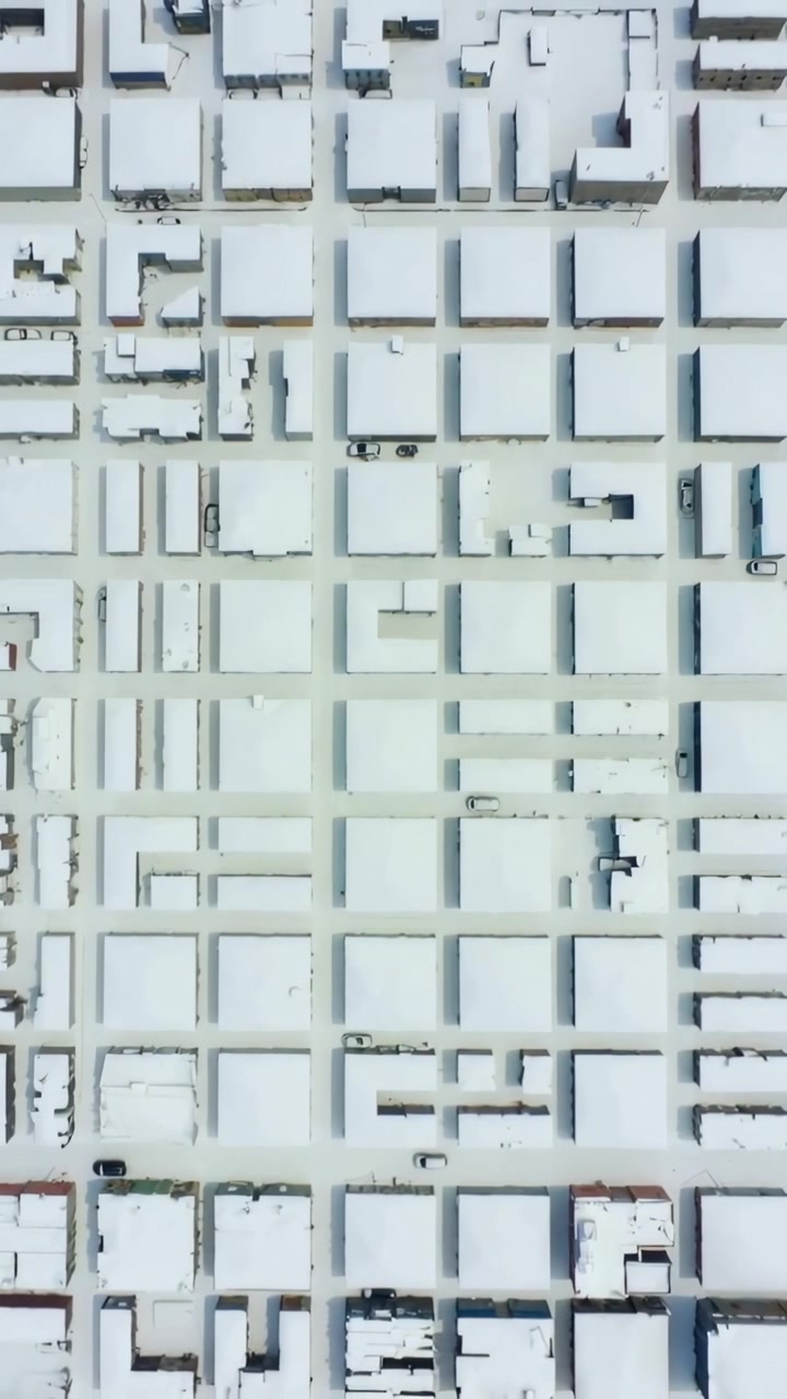 Video verticale: Drone che si muove sopra una griglia di neve, scansionando tetti e auto per la pianificazione urbana