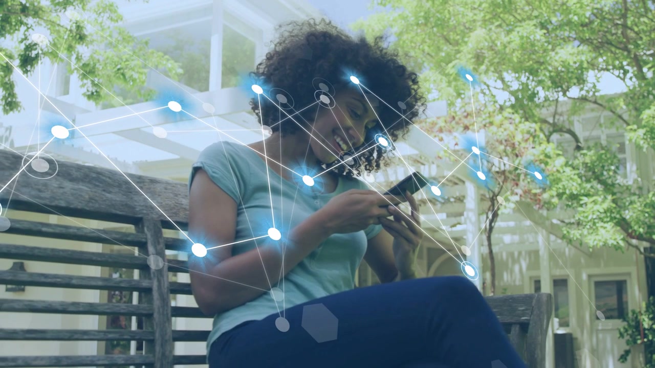 Woman on porch bench, tapping smartphone and causing tech network overlay visualizing connections