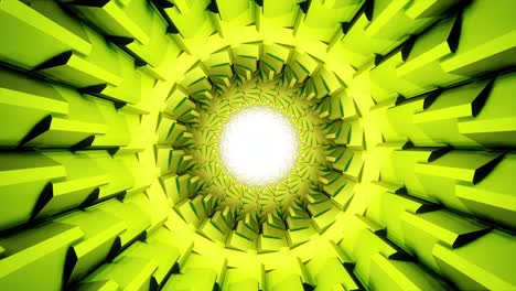 abstract rotating bright tunnel with the white light in its center, seamless loop. animation. unusual tunnel of light green color with spinning sharp corners, dynamic background