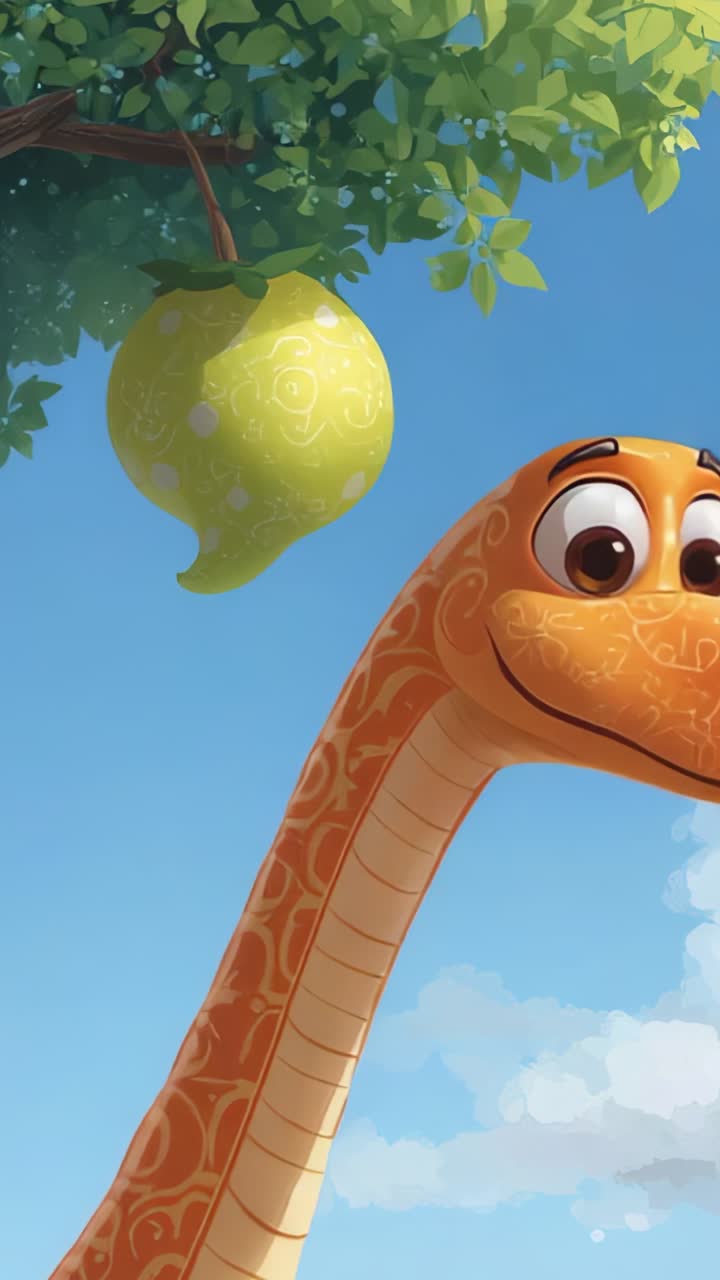 Vertical video: Entering frame orange dinosaur watching green fruit from leafy branch opening mouth