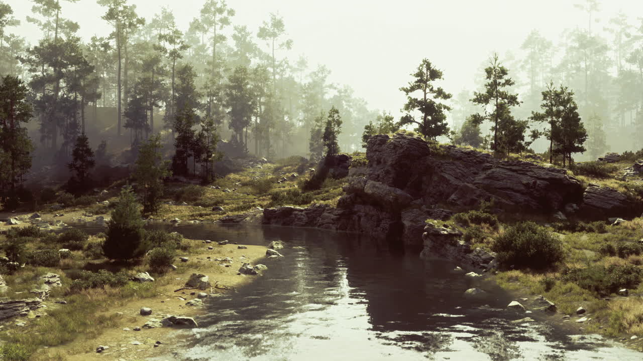 Beautiful river flows through serene forested landscape during sunrise