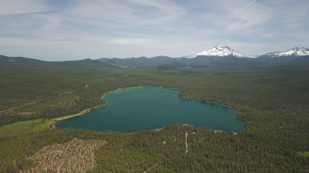 Lava Lake and Little Lava Lake in Central Oregon at the Cascade Lakes Highway. Wide aerial panorama.