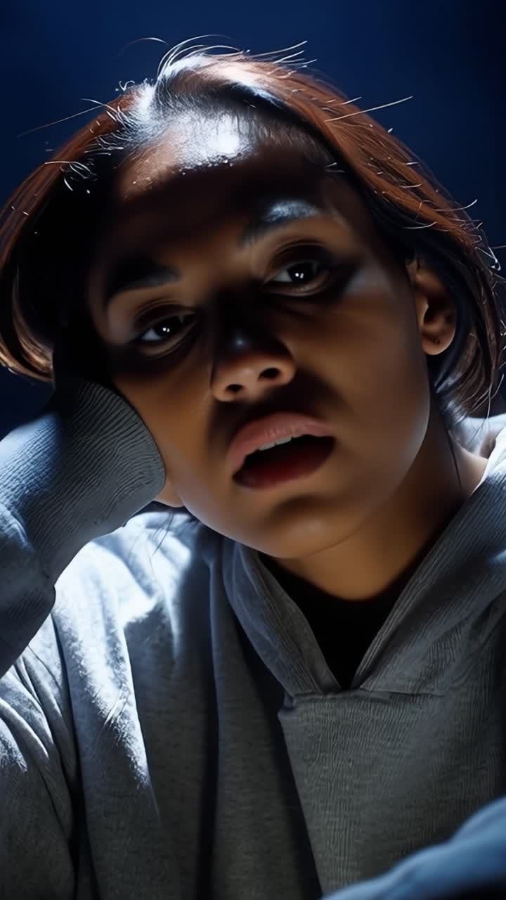Dark room, lone figure, head in hands. Focused gaze, worried expression, subtle tension. Soft lighting, quiet moment, thoughtful pause. Relatable, introspective scene, personal struggle