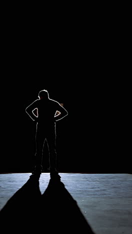 actor man on a stage. dark silhouette of a man wearing suit performing on a scene in theatre at spotlight. view from the stage. vertical video
