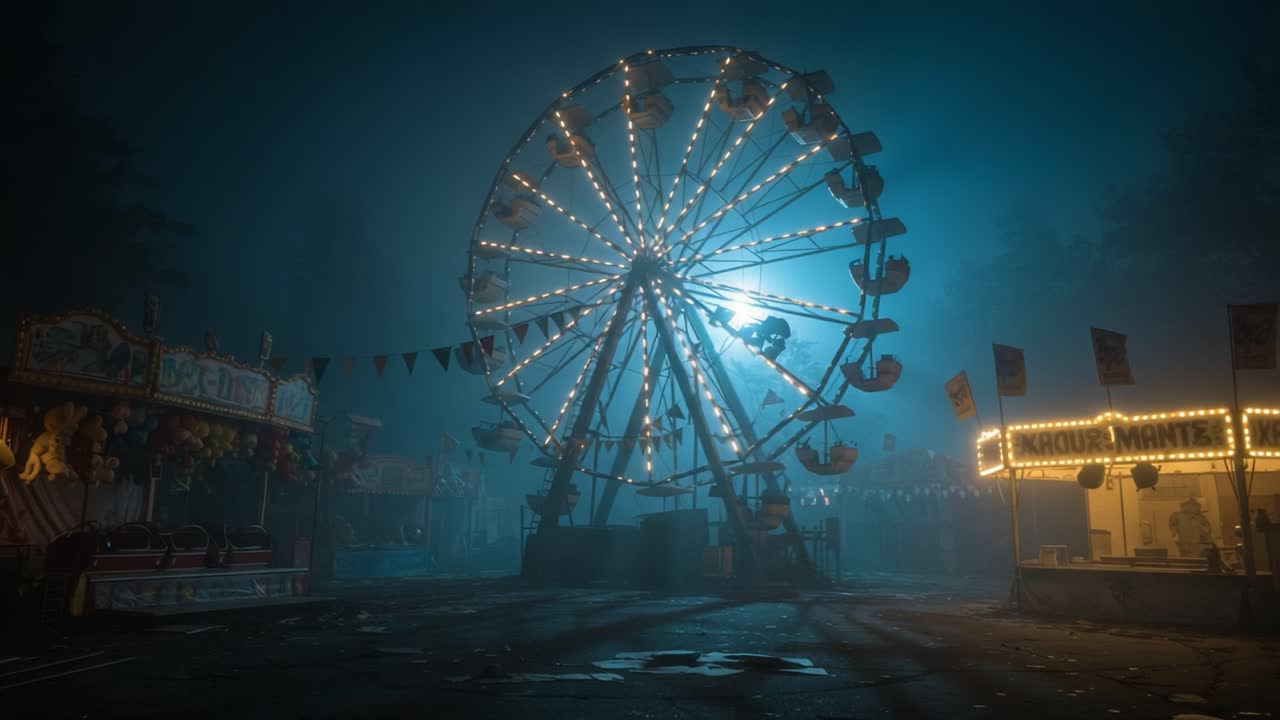 A Mysterious Ferris Wheel Illuminated in Fog: Exploring the Enigmatic Beauty of an Abandoned Carnival Scene at Night