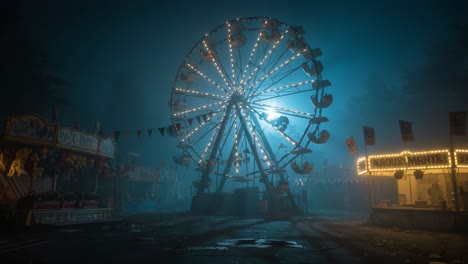 A Mysterious Ferris Wheel Illuminated in Fog: Exploring the Enigmatic Beauty of an Abandoned Carnival Scene at Night