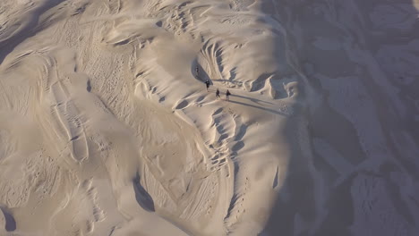People-walking-across-sand-dunes-in-Newcastle,-Australia,-aerial-follow