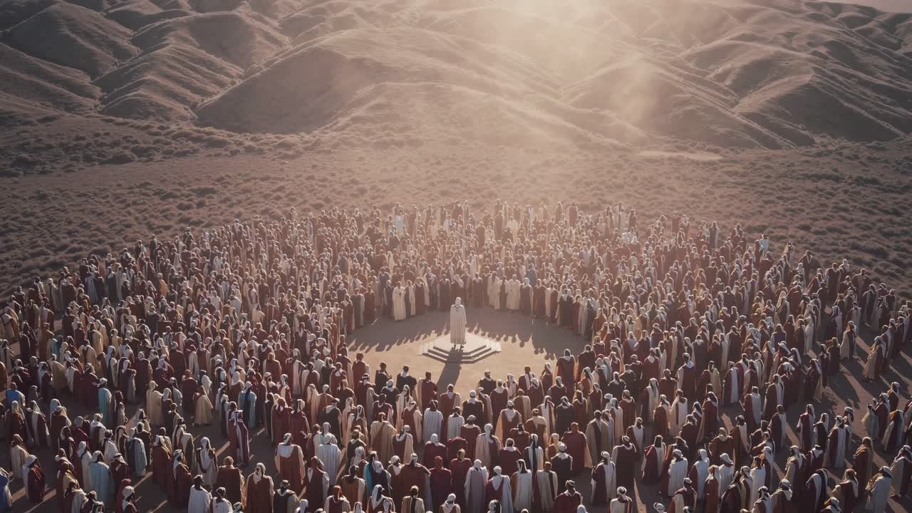 A large group of people in robes gather in a circle in a desert landscape, with sunlight streaming