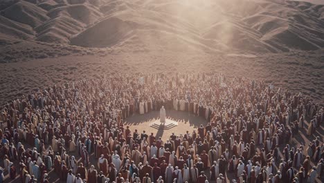 a large group of people in robes gather in a circle in a desert landscape, with sunlight streaming
