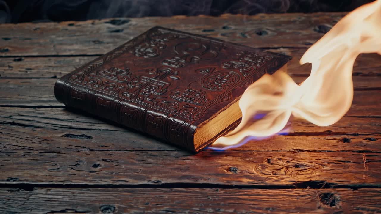 Un video ravvicinato di un libro decorato in fiamme, ripreso da una bassa angolazione, che mette in risalto l'intricato